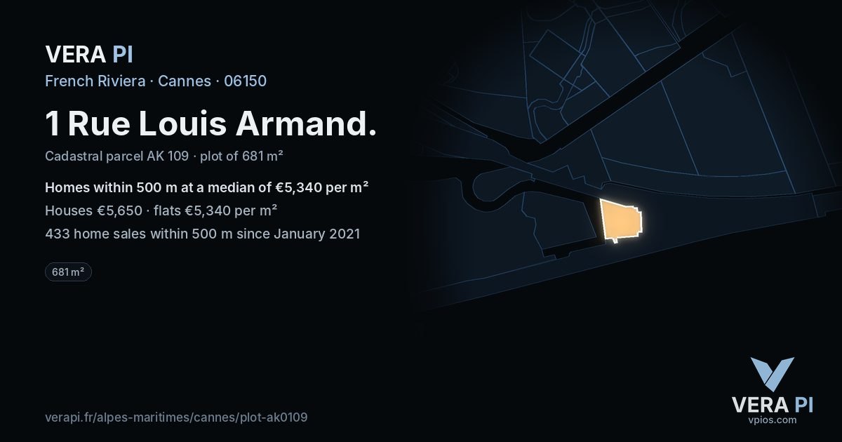 1 Rue Louis Armand, Cannes at night – the plot lit, the parcels around coloured by the prices near them