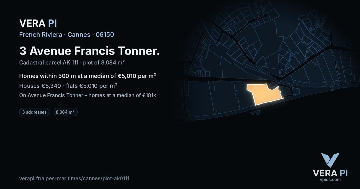 3 Avenue Francis Tonner, Cannes at night – the plot lit, the parcels around coloured by the prices near them
