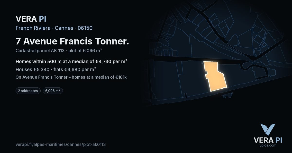 7 Avenue Francis Tonner, Cannes at night – the plot lit, the parcels around coloured by the prices near them