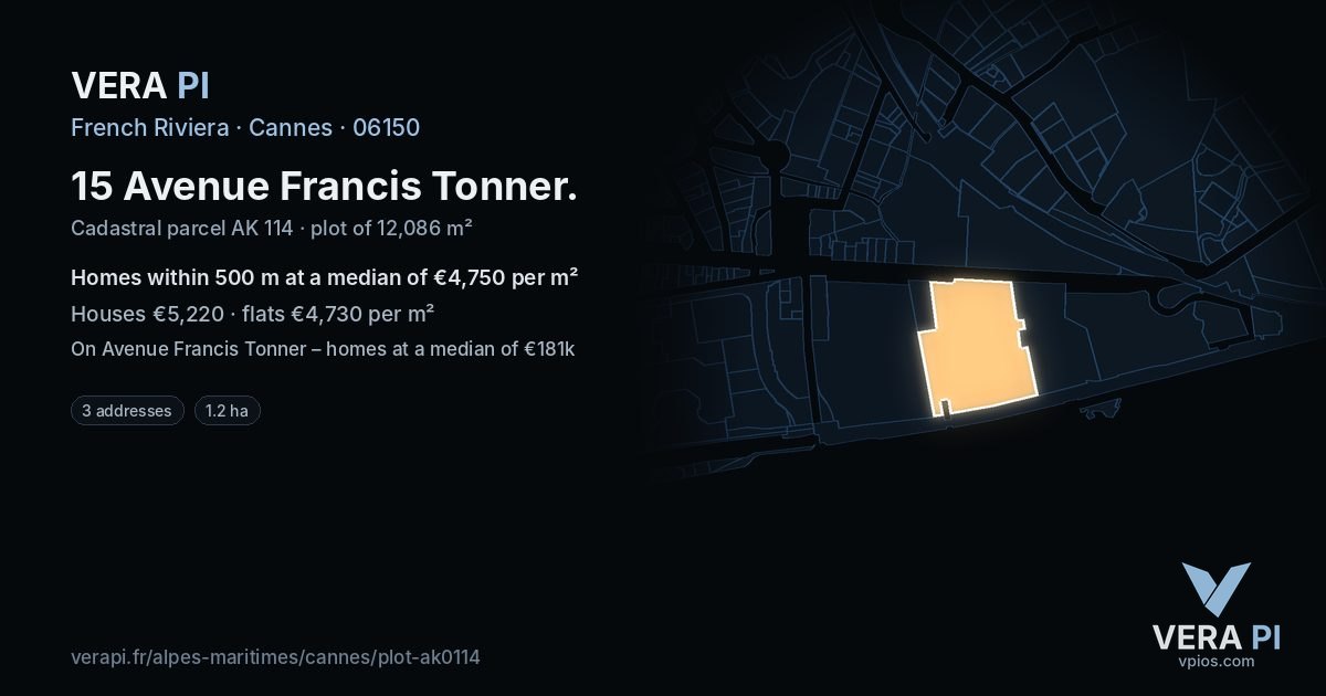 15 Avenue Francis Tonner, Cannes at night – the plot lit, the parcels around coloured by the prices near them