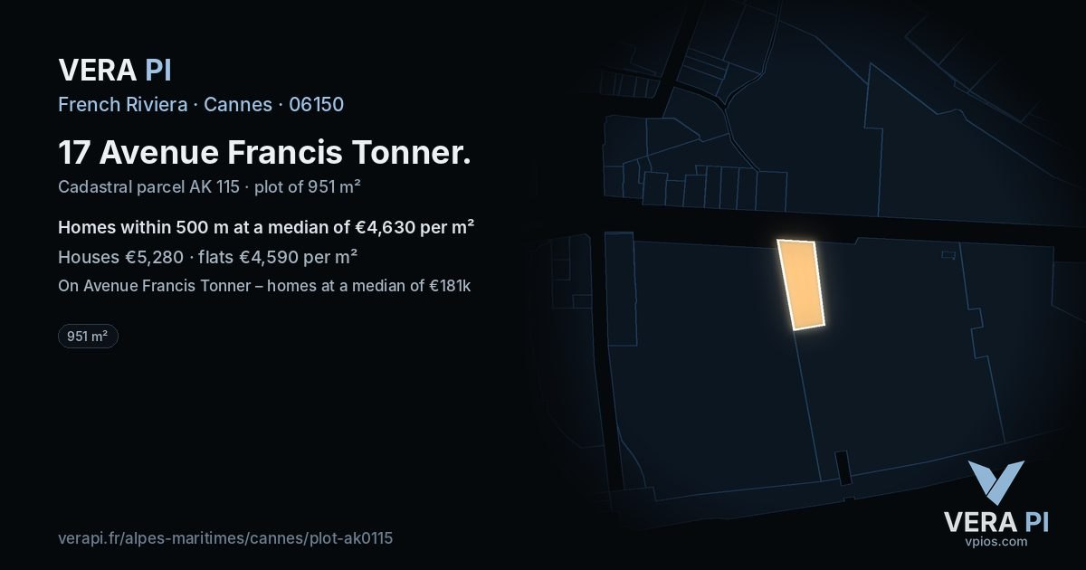 17 Avenue Francis Tonner, Cannes at night – the plot lit, the parcels around coloured by the prices near them