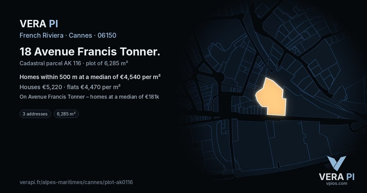 18 Avenue Francis Tonner, Cannes at night – the plot lit, the parcels around coloured by the prices near them
