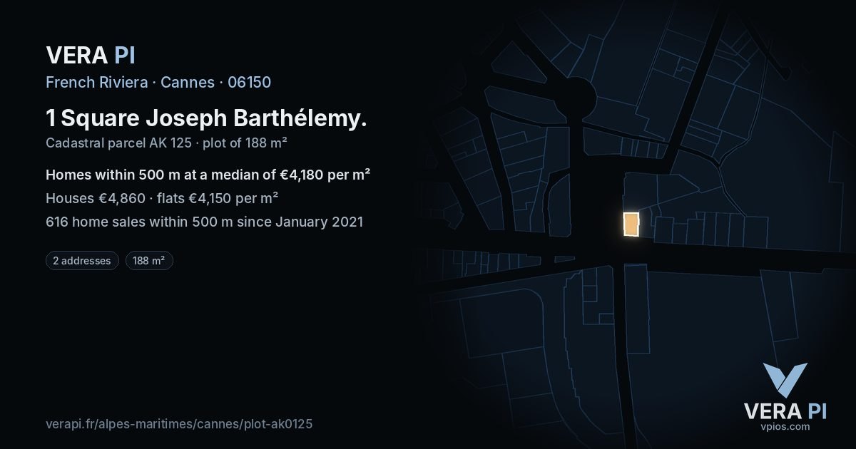 1 Square Joseph Barthélemy, Cannes at night – the plot lit, the parcels around coloured by the prices near them