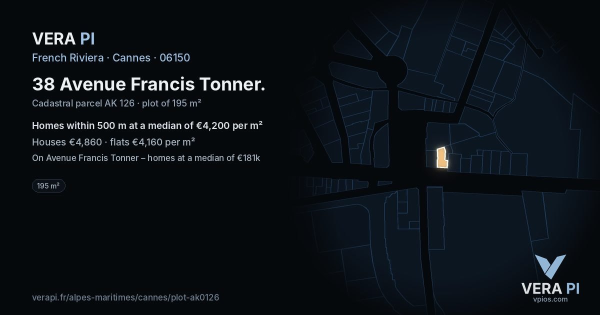 38 Avenue Francis Tonner, Cannes at night – the plot lit, the parcels around coloured by the prices near them