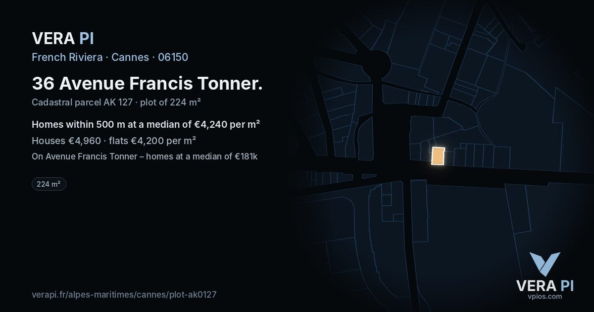 36 Avenue Francis Tonner, Cannes at night – the plot lit, the parcels around coloured by the prices near them