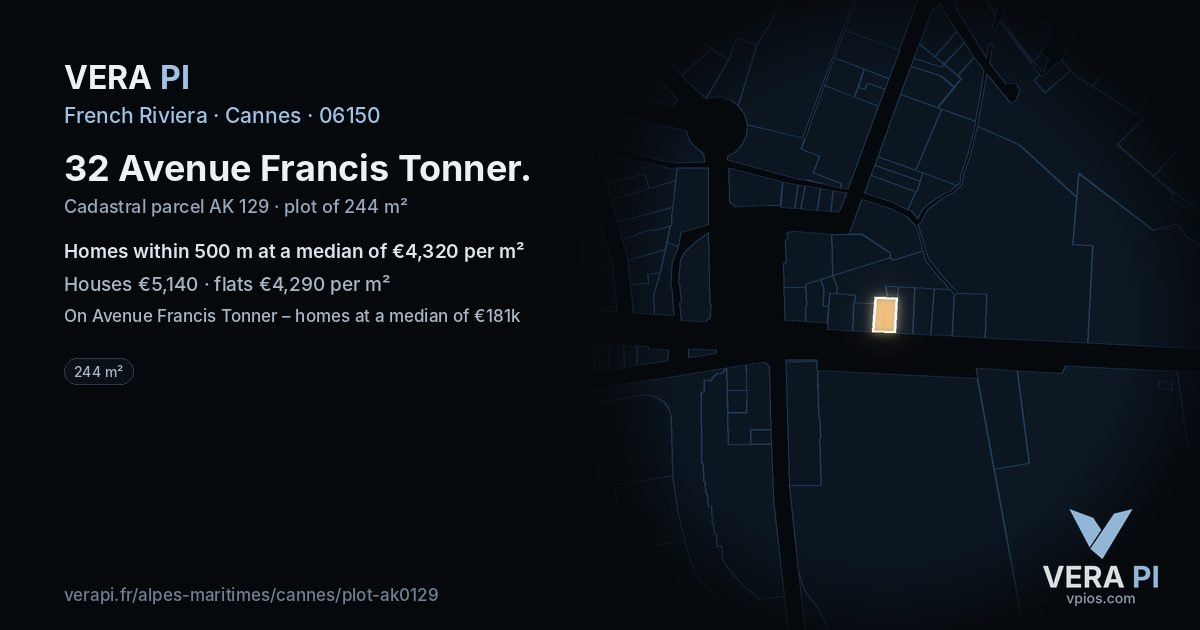 32 Avenue Francis Tonner, Cannes at night – the plot lit, the parcels around coloured by the prices near them