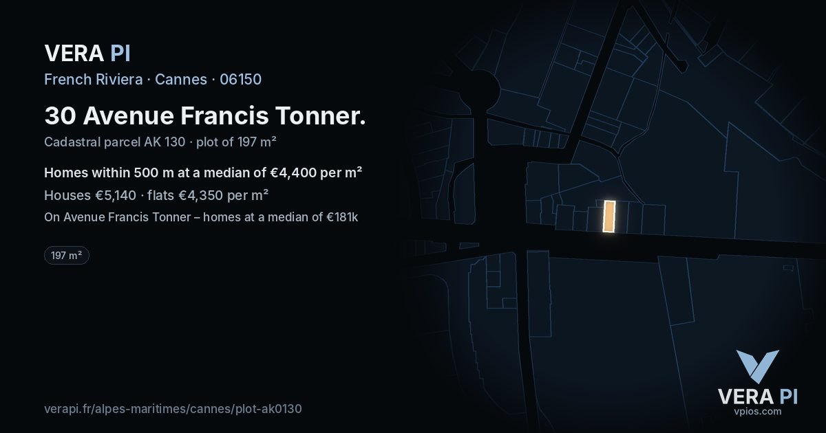 30 Avenue Francis Tonner, Cannes at night – the plot lit, the parcels around coloured by the prices near them