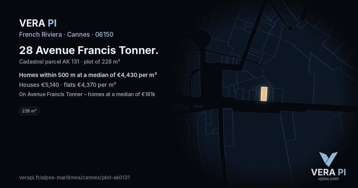 28 Avenue Francis Tonner, Cannes at night – the plot lit, the parcels around coloured by the prices near them