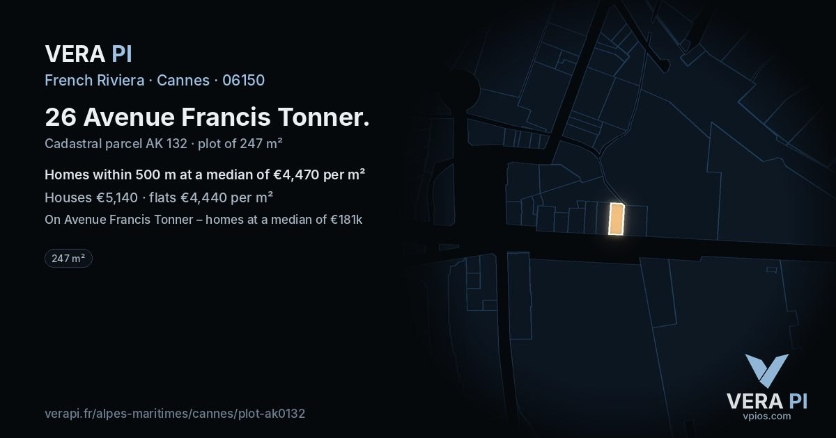 26 Avenue Francis Tonner, Cannes at night – the plot lit, the parcels around coloured by the prices near them