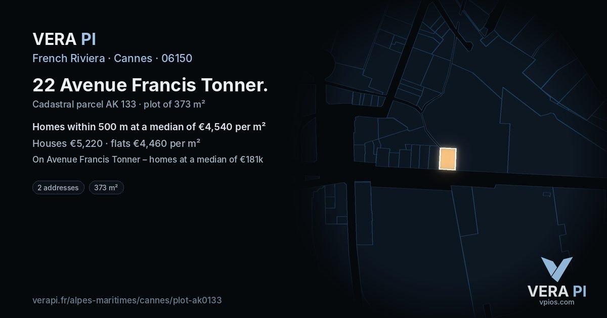 22 Avenue Francis Tonner, Cannes at night – the plot lit, the parcels around coloured by the prices near them