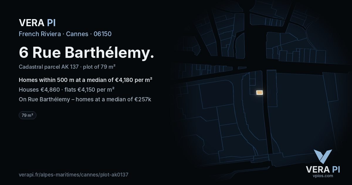 6 Rue Barthélemy, Cannes at night – the plot lit, the parcels around coloured by the prices near them