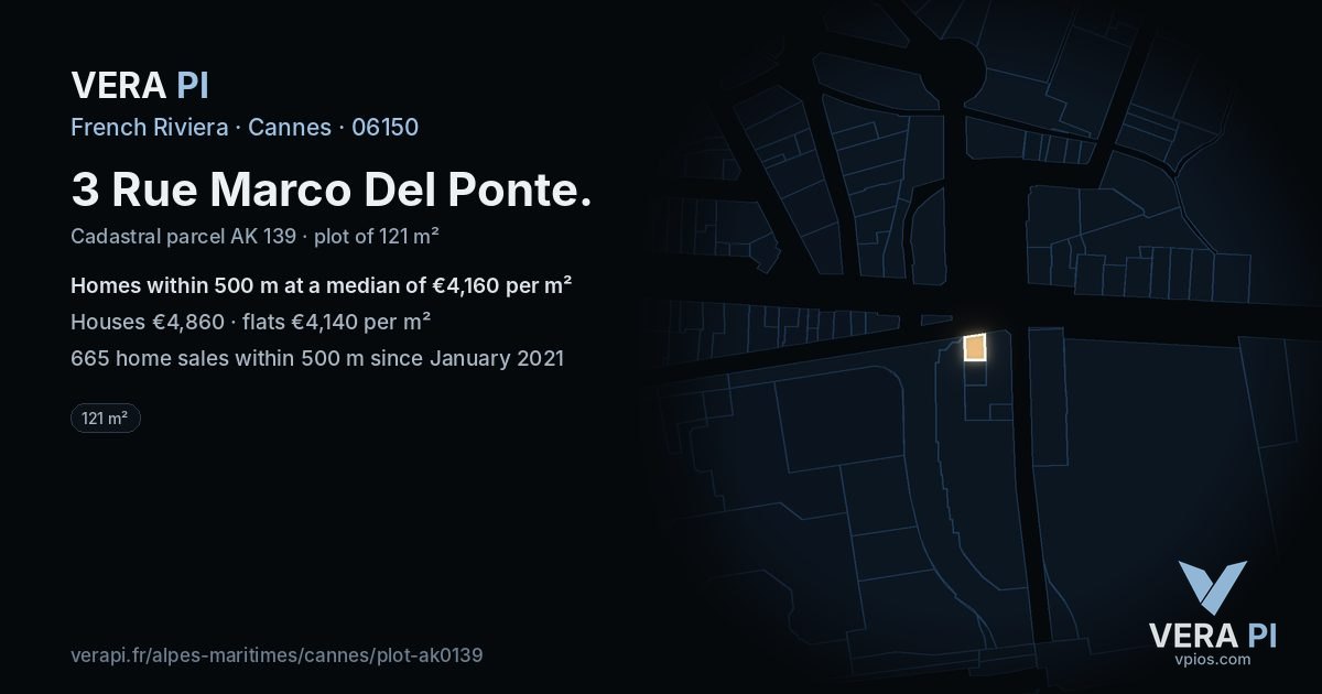 3 Rue Marco Del Ponte, Cannes at night – the plot lit, the parcels around coloured by the prices near them