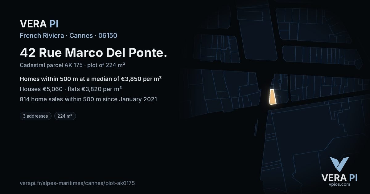 42 Rue Marco Del Ponte, Cannes at night – the plot lit, the parcels around coloured by the prices near them
