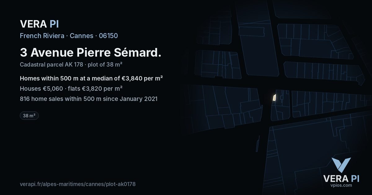 3 Avenue Pierre Sémard, Cannes at night – the plot lit, the parcels around coloured by the prices near them