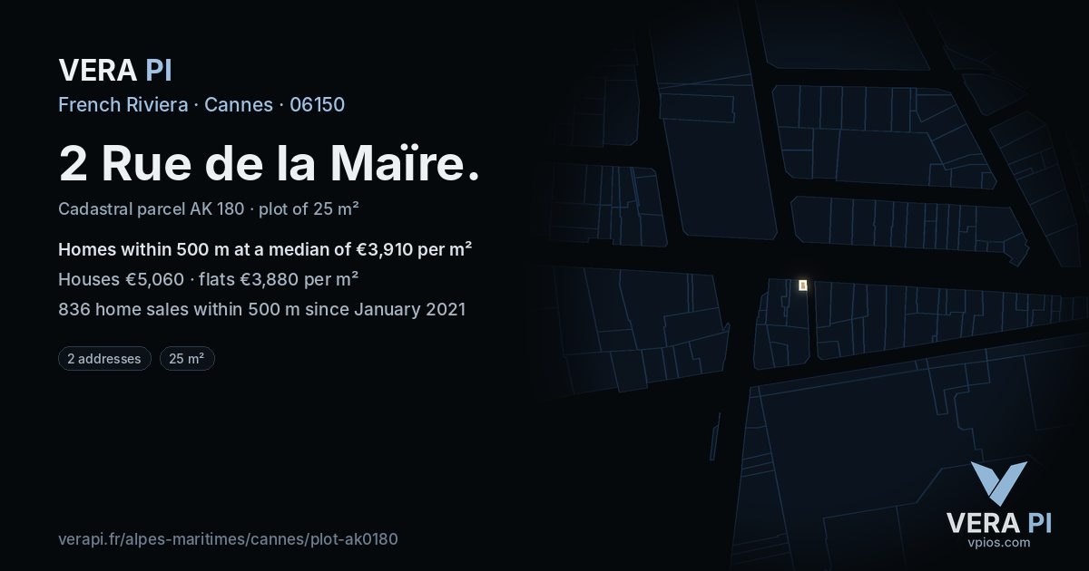 2 Rue de la Maïre, Cannes at night – the plot lit, the parcels around coloured by the prices near them