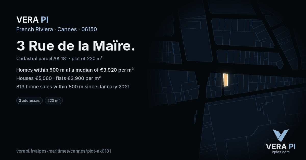 3 Rue de la Maïre, Cannes at night – the plot lit, the parcels around coloured by the prices near them