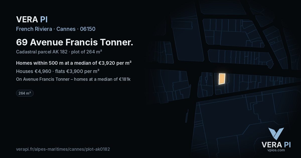 69 Avenue Francis Tonner, Cannes at night – the plot lit, the parcels around coloured by the prices near them