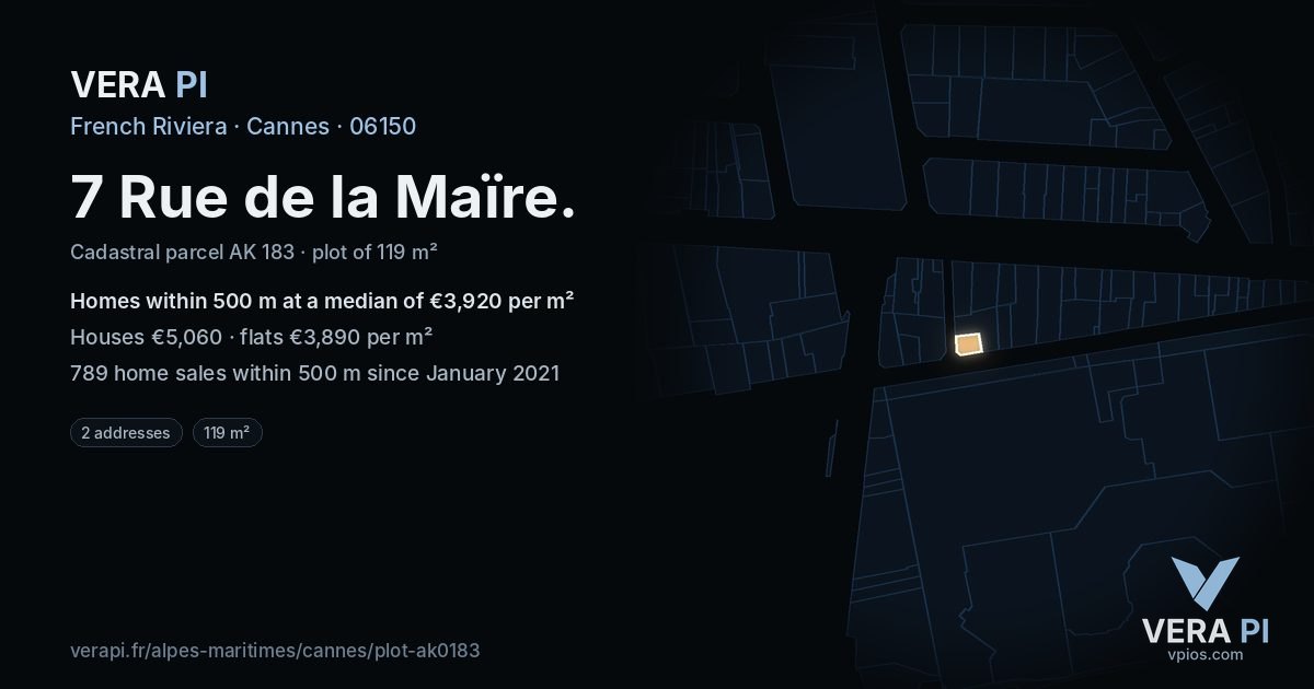 7 Rue de la Maïre, Cannes at night – the plot lit, the parcels around coloured by the prices near them