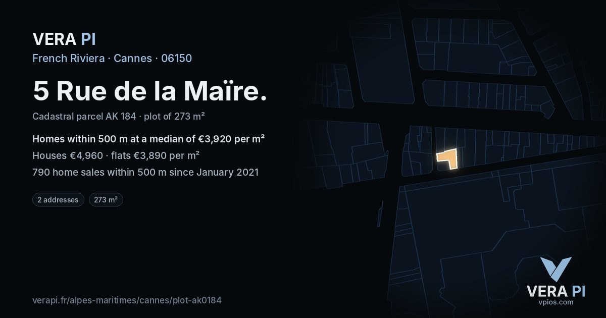 5 Rue de la Maïre, Cannes at night – the plot lit, the parcels around coloured by the prices near them