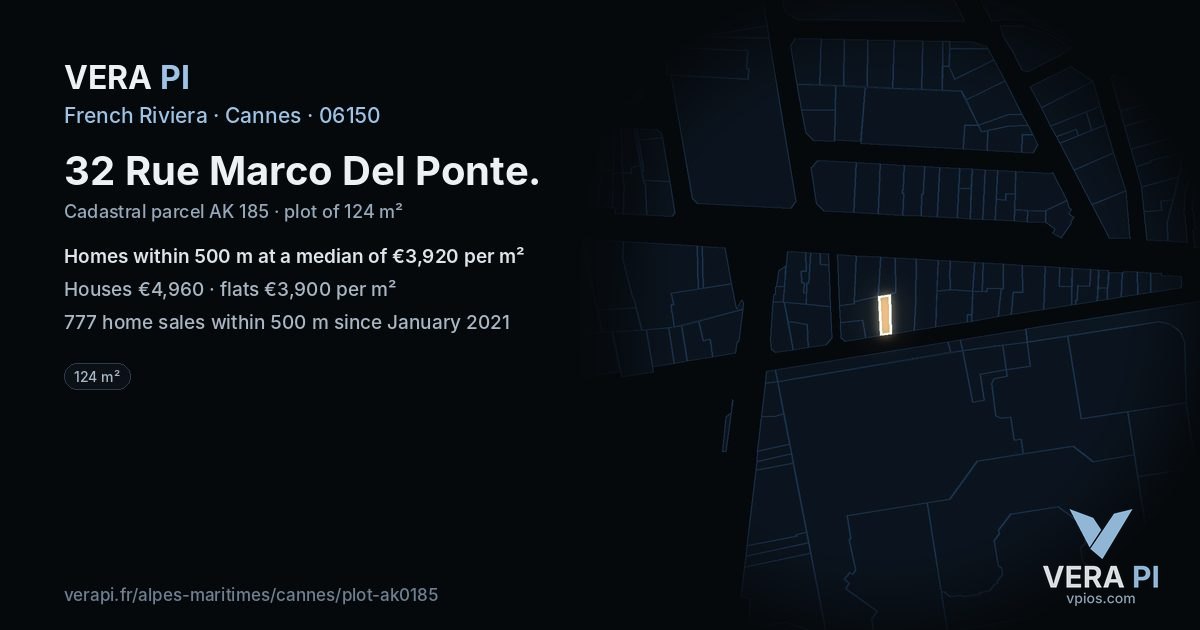 32 Rue Marco Del Ponte, Cannes at night – the plot lit, the parcels around coloured by the prices near them