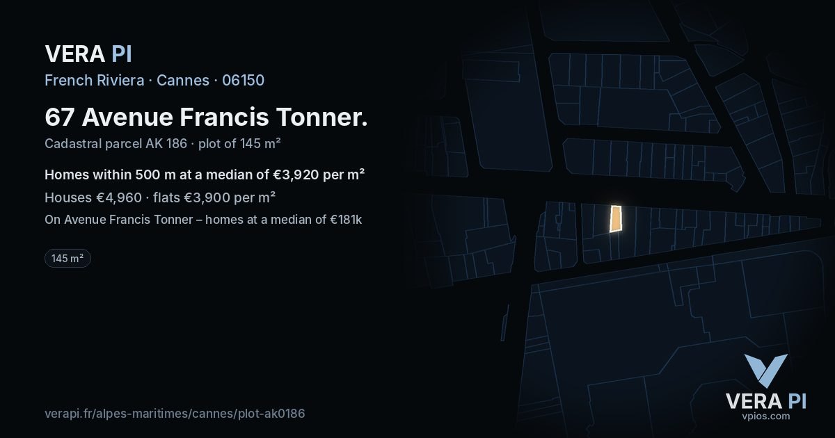 67 Avenue Francis Tonner, Cannes at night – the plot lit, the parcels around coloured by the prices near them