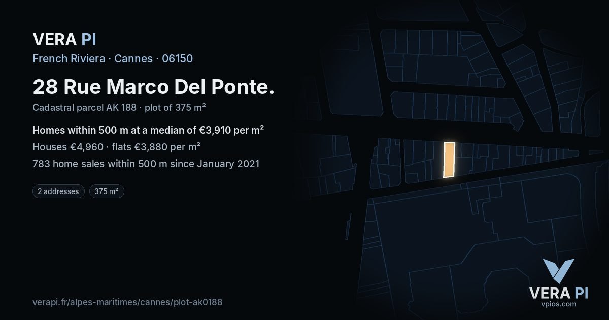 28 Rue Marco Del Ponte, Cannes at night – the plot lit, the parcels around coloured by the prices near them
