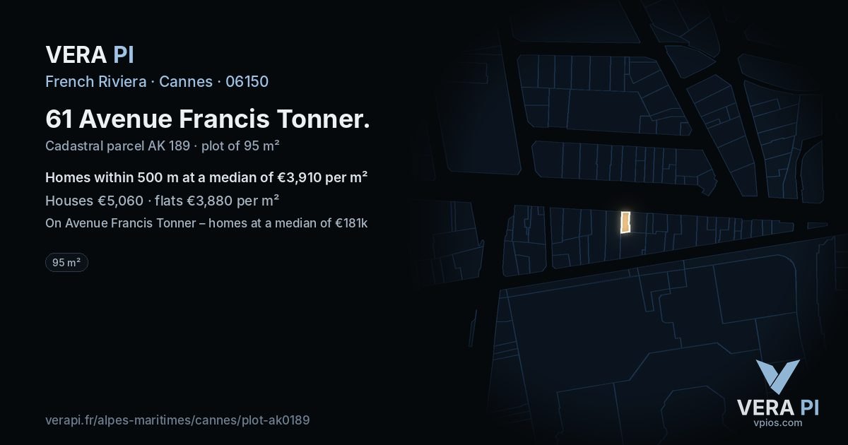 61 Avenue Francis Tonner, Cannes at night – the plot lit, the parcels around coloured by the prices near them
