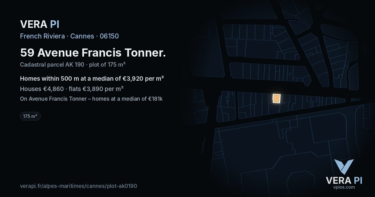 59 Avenue Francis Tonner, Cannes at night – the plot lit, the parcels around coloured by the prices near them
