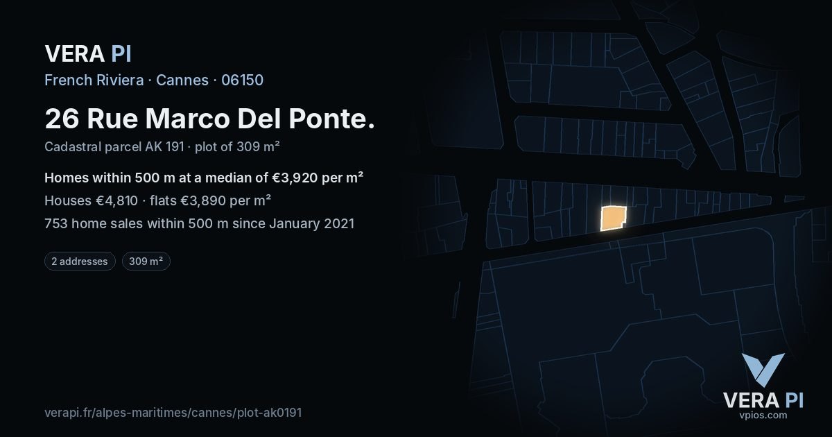 26 Rue Marco Del Ponte, Cannes at night – the plot lit, the parcels around coloured by the prices near them