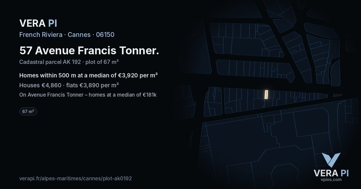 57 Avenue Francis Tonner, Cannes at night – the plot lit, the parcels around coloured by the prices near them