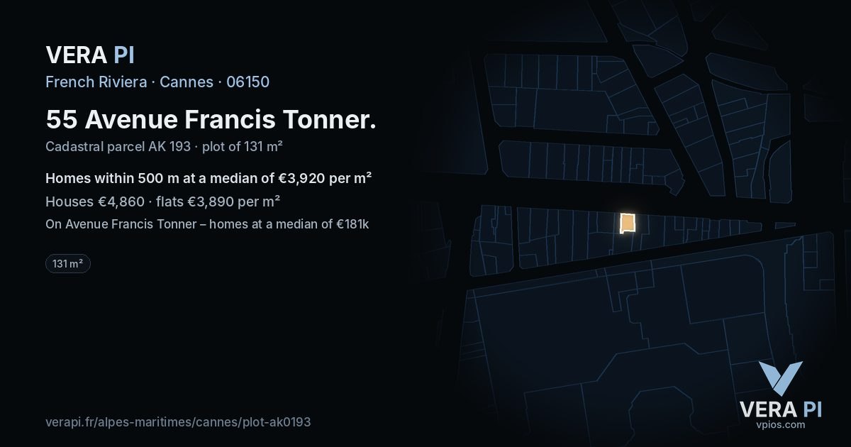 55 Avenue Francis Tonner, Cannes at night – the plot lit, the parcels around coloured by the prices near them