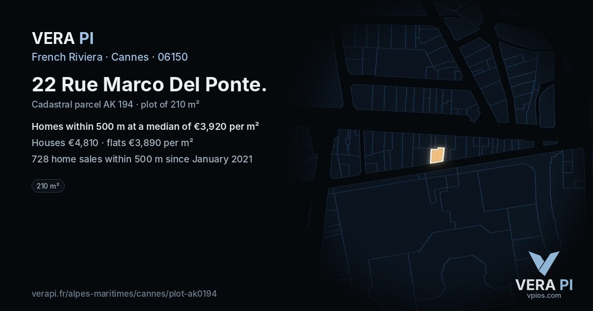 22 Rue Marco Del Ponte, Cannes at night – the plot lit, the parcels around coloured by the prices near them