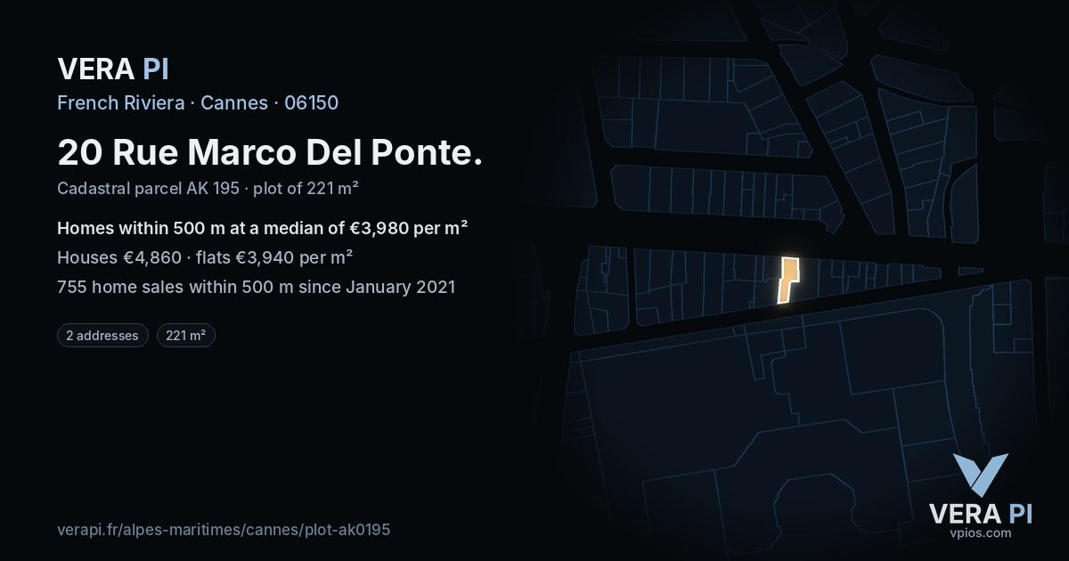 20 Rue Marco Del Ponte, Cannes at night – the plot lit, the parcels around coloured by the prices near them