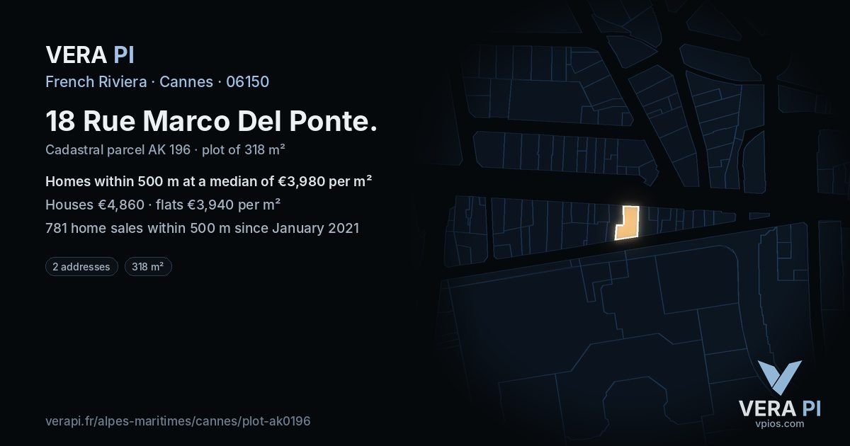 18 Rue Marco Del Ponte, Cannes at night – the plot lit, the parcels around coloured by the prices near them