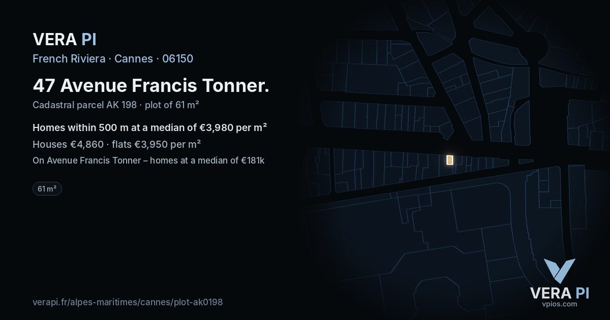 47 Avenue Francis Tonner, Cannes at night – the plot lit, the parcels around coloured by the prices near them