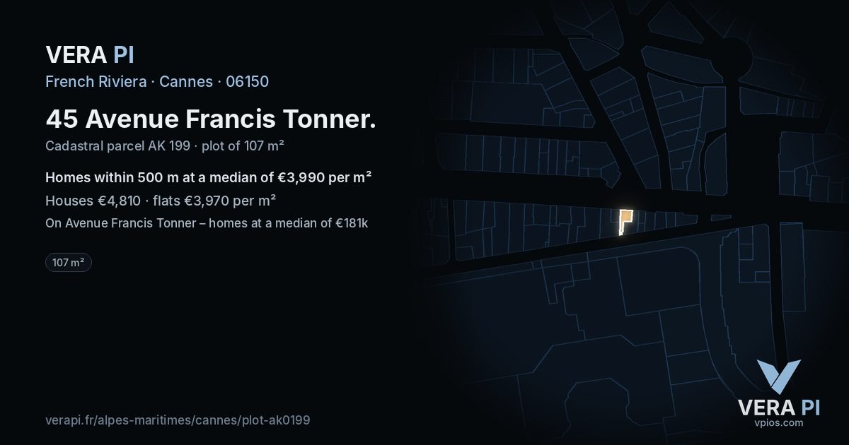 45 Avenue Francis Tonner, Cannes at night – the plot lit, the parcels around coloured by the prices near them