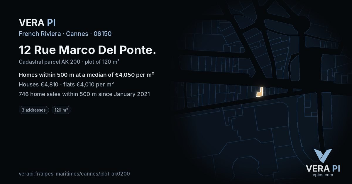 12 Rue Marco Del Ponte, Cannes at night – the plot lit, the parcels around coloured by the prices near them