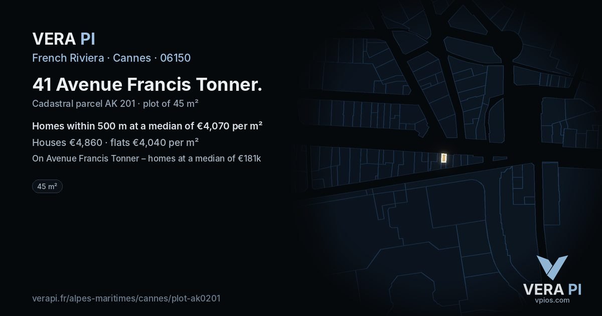 41 Avenue Francis Tonner, Cannes at night – the plot lit, the parcels around coloured by the prices near them