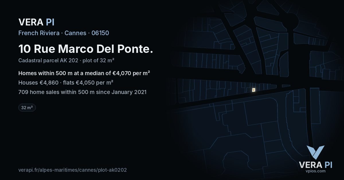 10 Rue Marco Del Ponte, Cannes at night – the plot lit, the parcels around coloured by the prices near them
