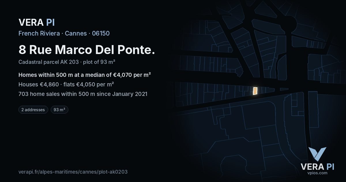8 Rue Marco Del Ponte, Cannes at night – the plot lit, the parcels around coloured by the prices near them