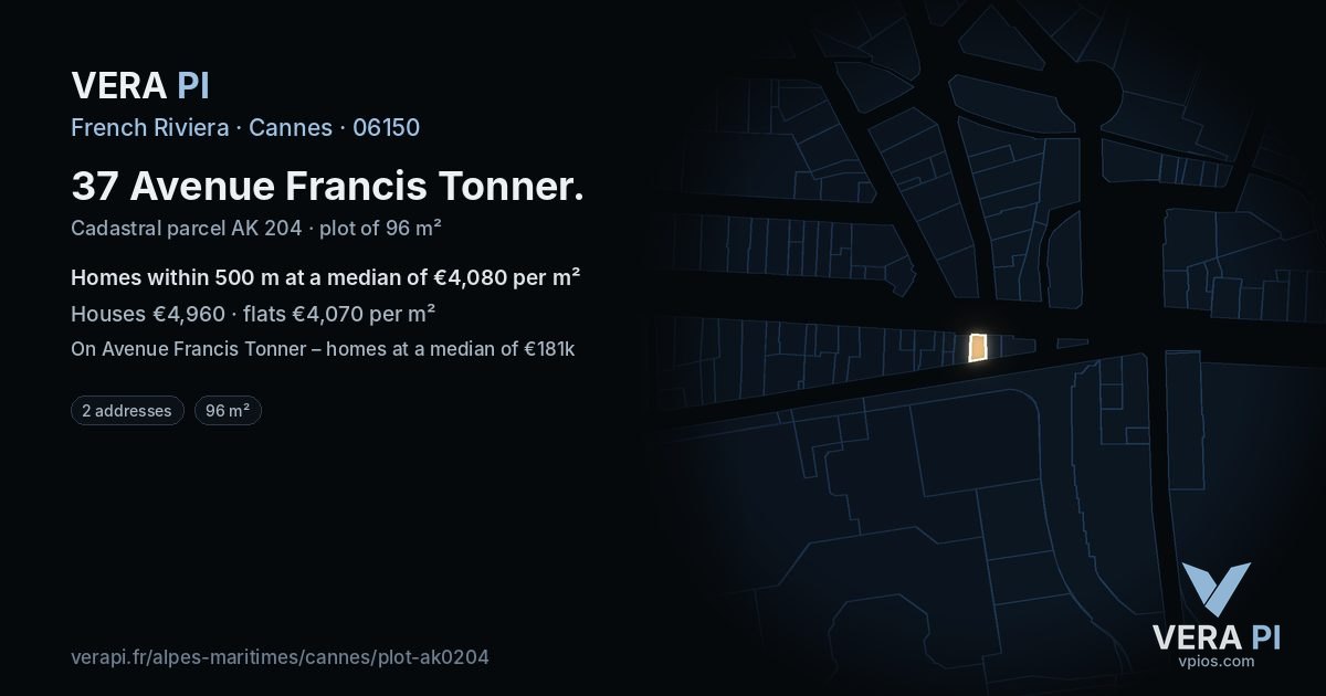 37 Avenue Francis Tonner, Cannes at night – the plot lit, the parcels around coloured by the prices near them