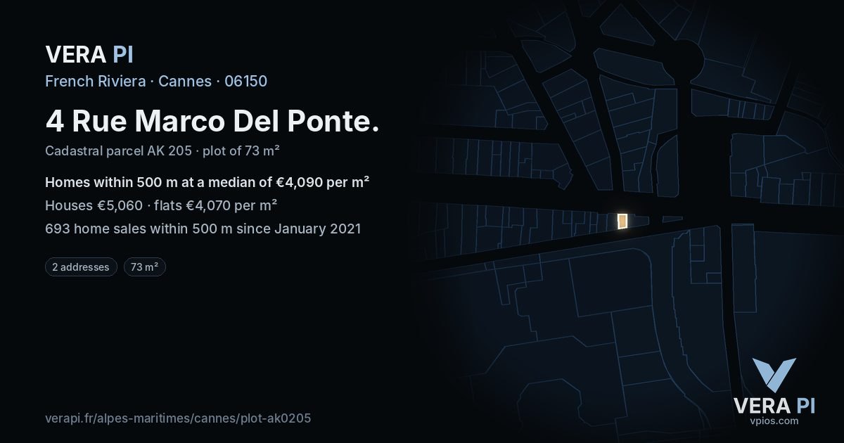 4 Rue Marco Del Ponte, Cannes at night – the plot lit, the parcels around coloured by the prices near them