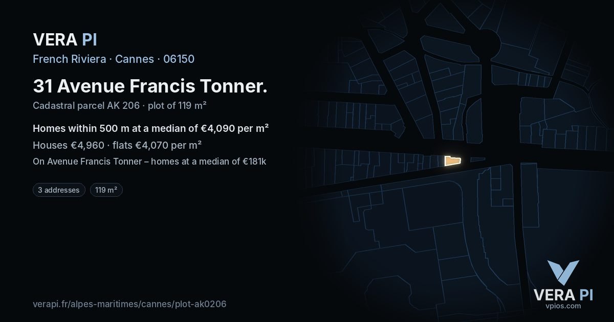 31 Avenue Francis Tonner, Cannes at night – the plot lit, the parcels around coloured by the prices near them