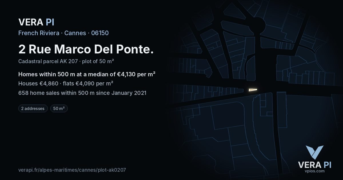 2 Rue Marco Del Ponte, Cannes at night – the plot lit, the parcels around coloured by the prices near them