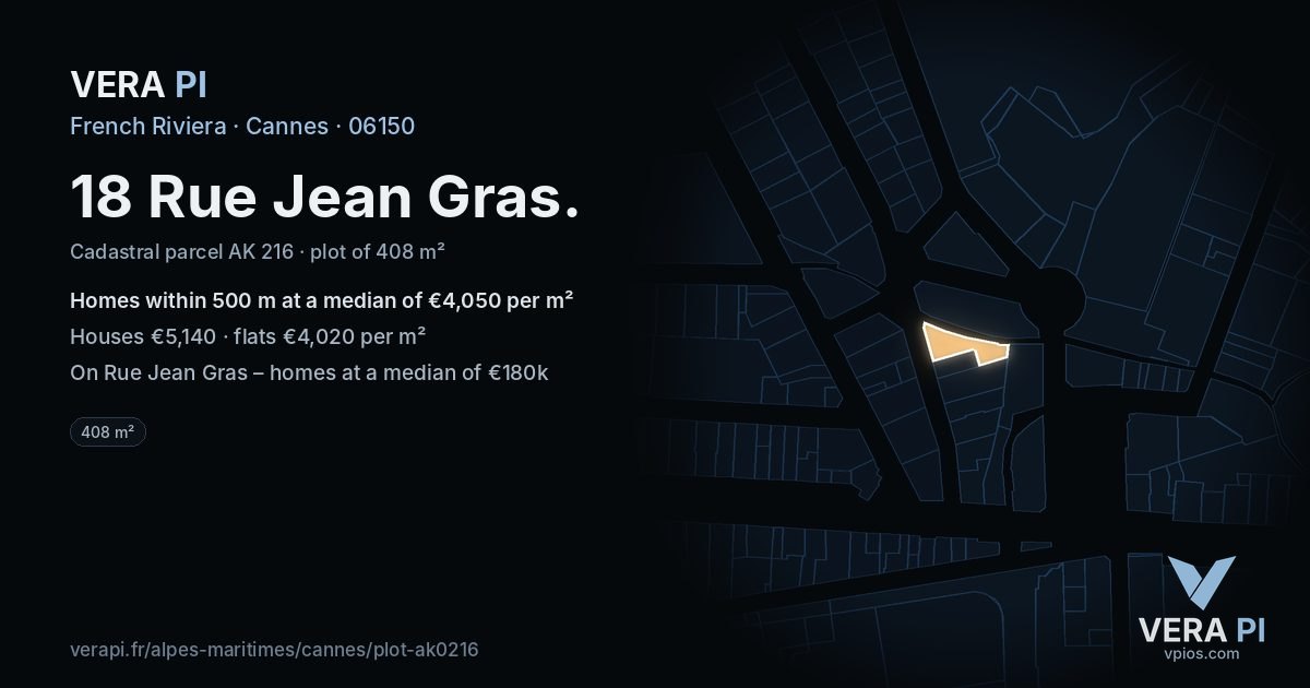 18 Rue Jean Gras, Cannes at night – the plot lit, the parcels around coloured by the prices near them