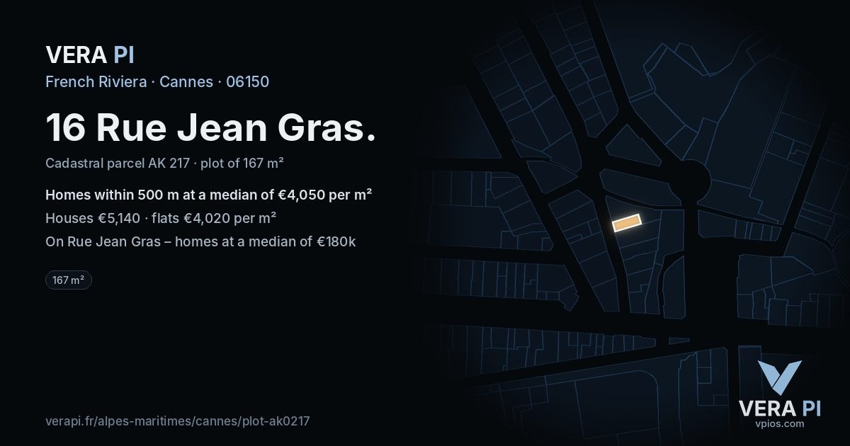 16 Rue Jean Gras, Cannes at night – the plot lit, the parcels around coloured by the prices near them