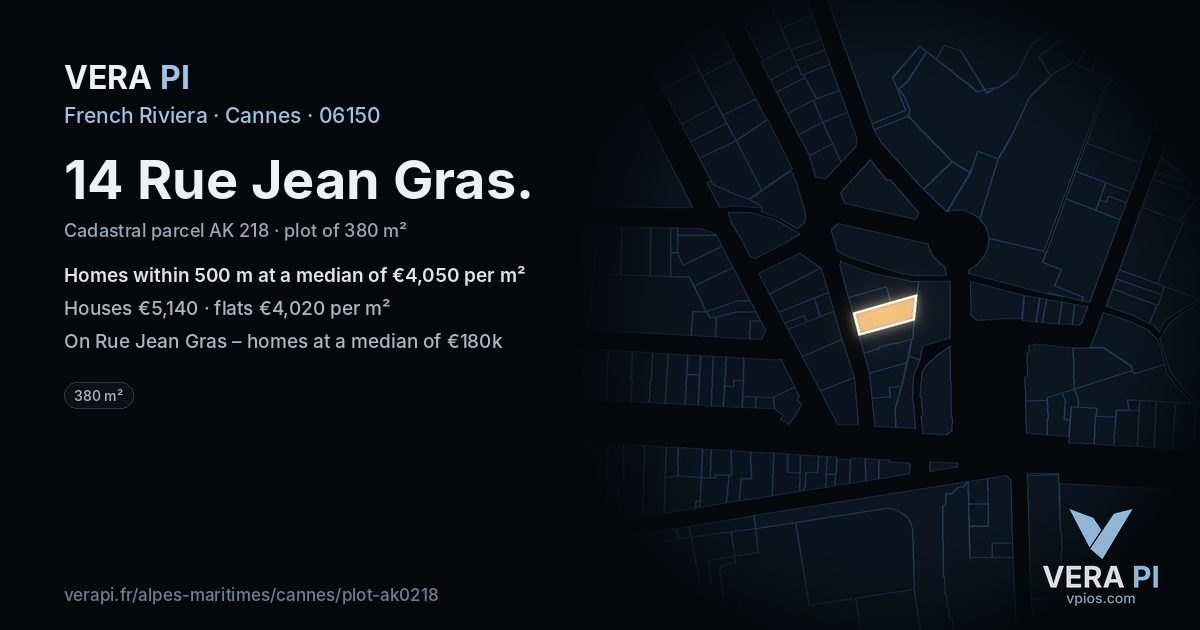 14 Rue Jean Gras, Cannes at night – the plot lit, the parcels around coloured by the prices near them