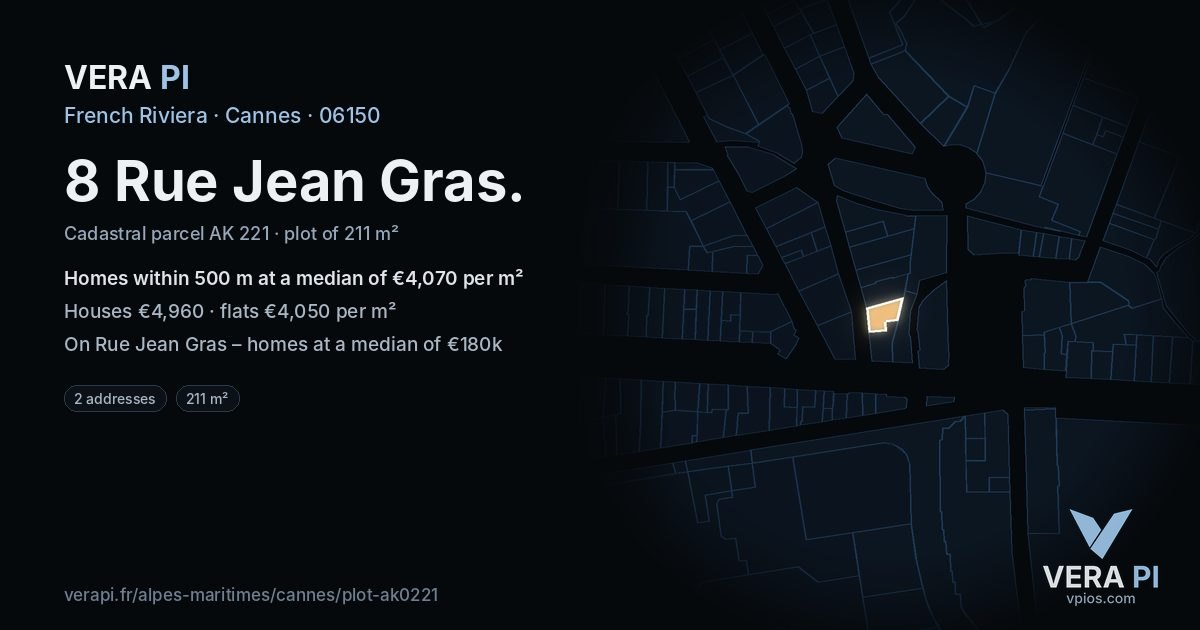 8 Rue Jean Gras, Cannes at night – the plot lit, the parcels around coloured by the prices near them