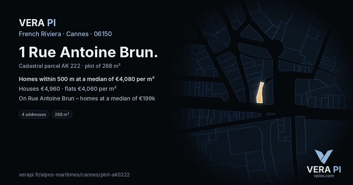1 Rue Antoine Brun, Cannes at night – the plot lit, the parcels around coloured by the prices near them