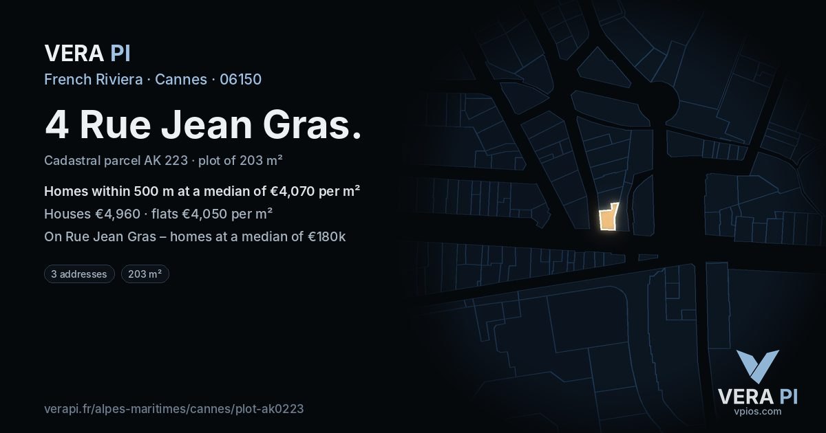 4 Rue Jean Gras, Cannes at night – the plot lit, the parcels around coloured by the prices near them